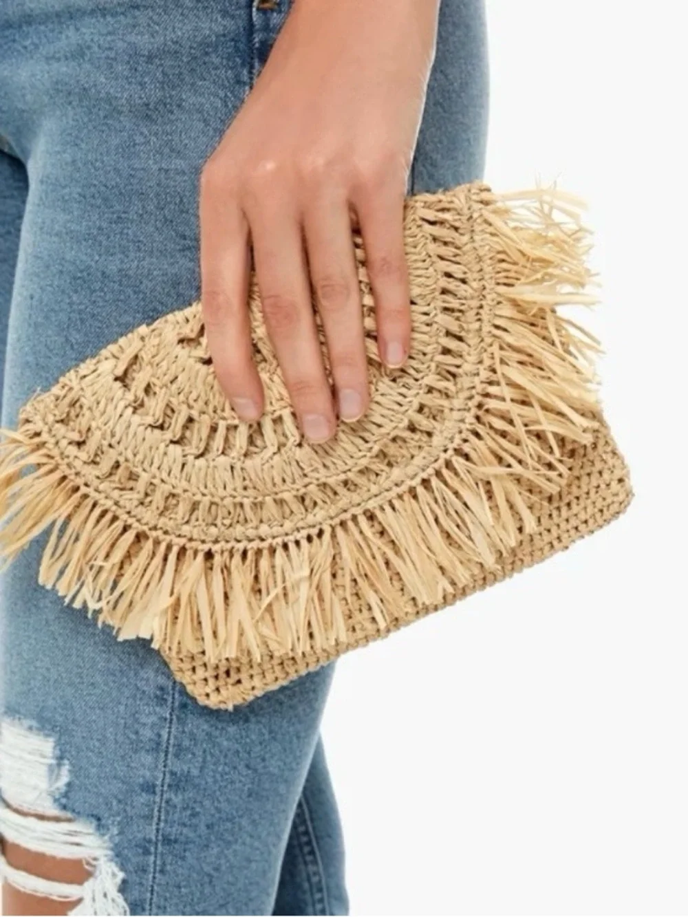 Mar y Sol Coral Raffia Crochet Fringe Clutch Handmade Woven Envelope Purse